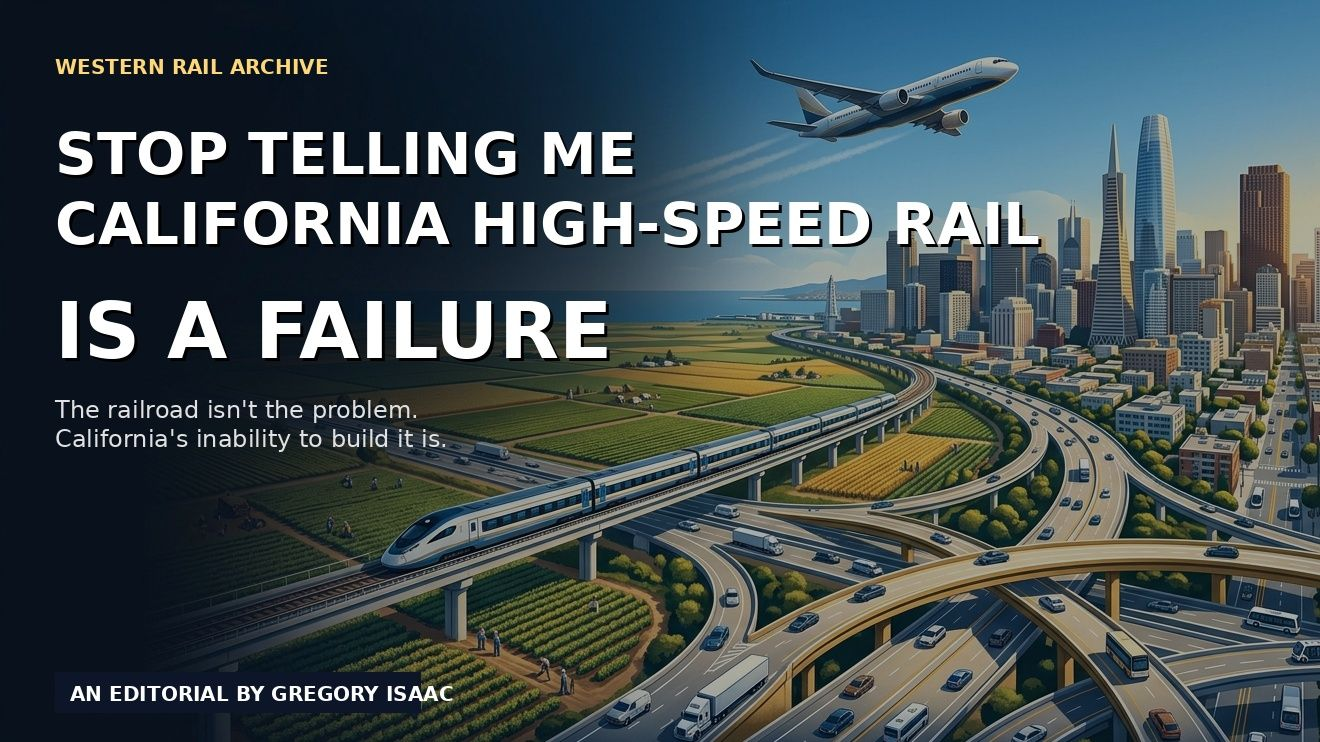 Title card: Stop Telling Me California High-Speed Rail Is a Failure — an editorial by Gregory Isaac