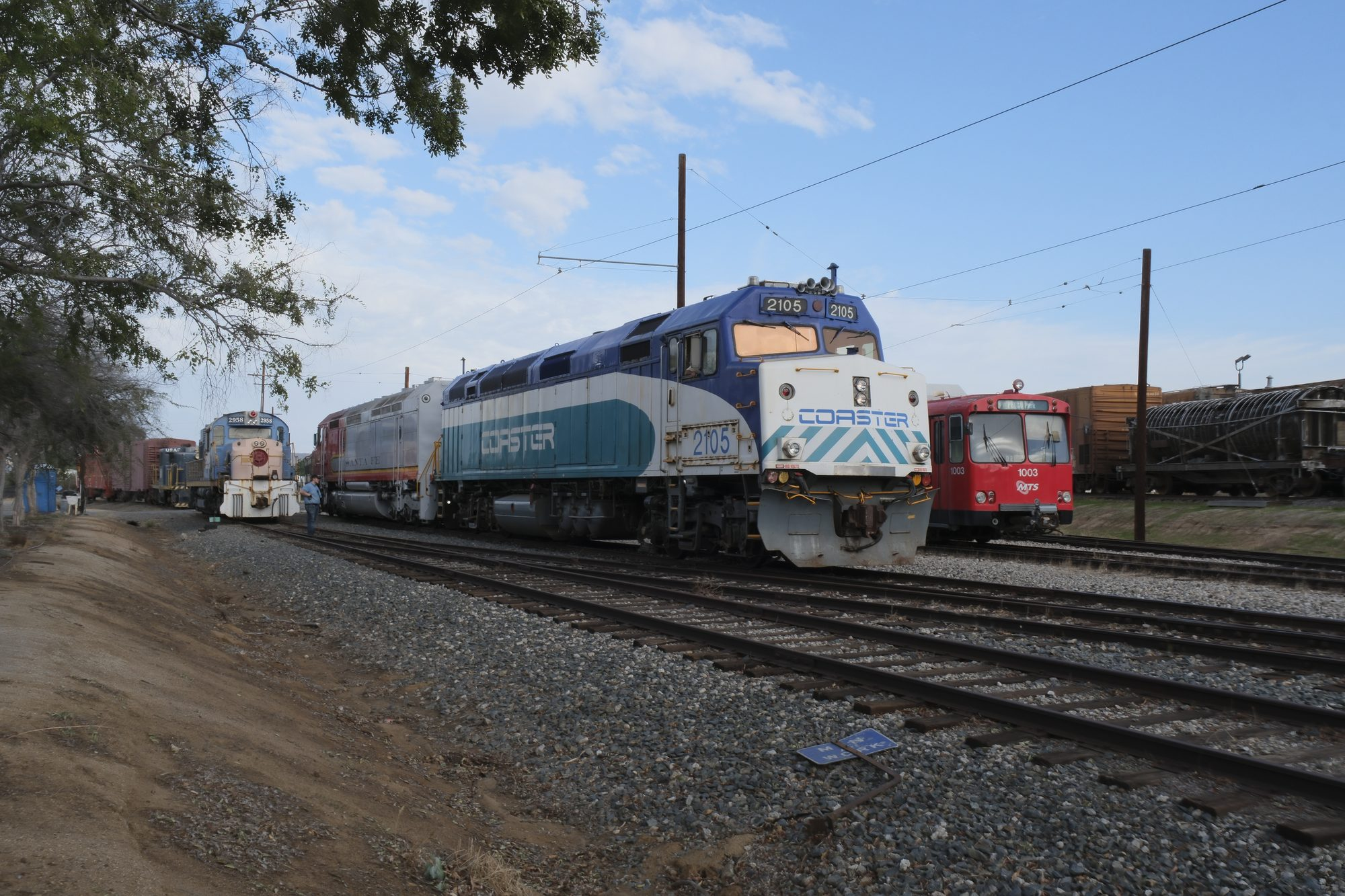 COASTER No. 2105 in the museum yard beside San Diego Trolley car 1003, Perris, October 17, 2026