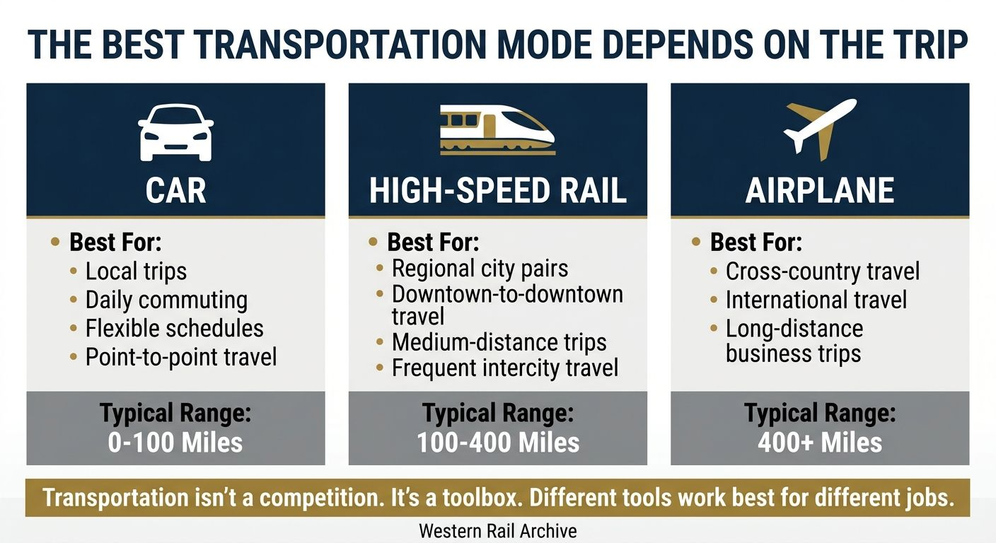 Infographic: Car for 0–100 miles, high-speed rail for 100–400 miles, airplane for 400+ miles